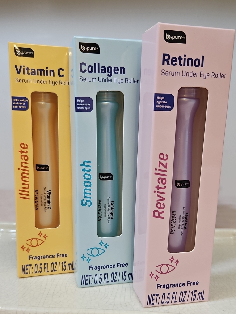 b•pure SERUM UNDER EYE ROLLER 3-PIECE SET VITAMIN C, COLLAGEN, RETINOL